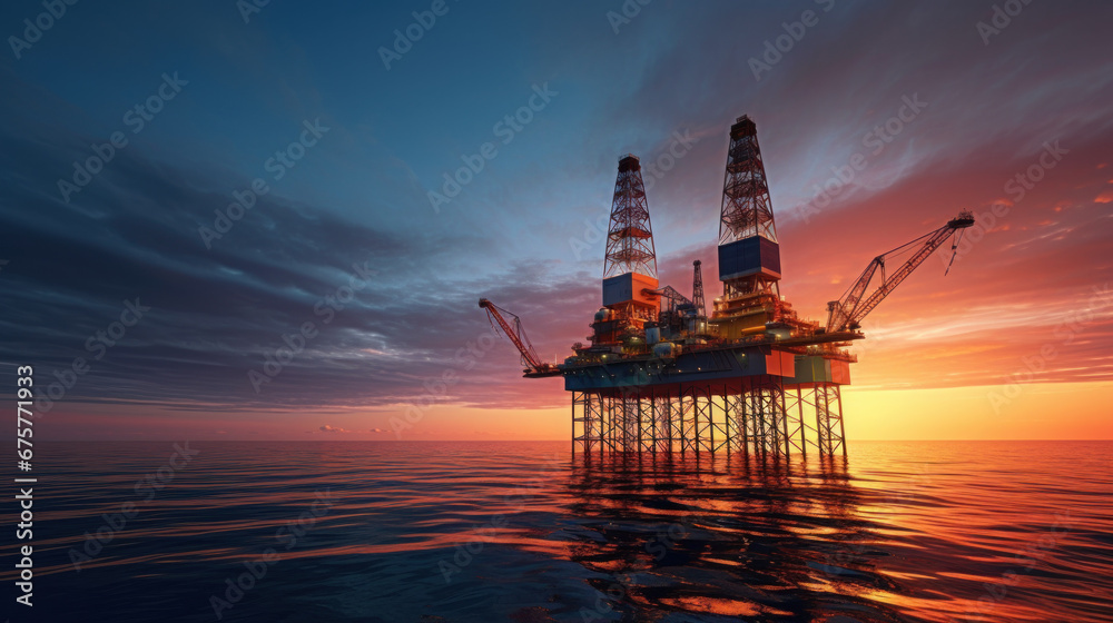 Oil drilling rig in the middle of the sea during sunrise