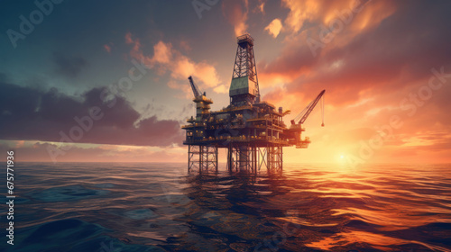 Oil drilling rig in the middle of the sea during sunrise