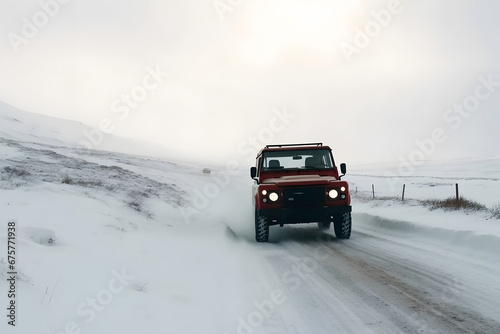 SUV rides on a winter forest road. A car in a snow-covered road among trees and snow hills