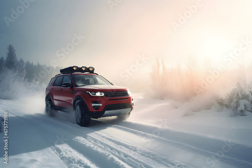 SUV rides on a winter forest road. A car in a snow-covered road among trees and snow hills © Alex Bur