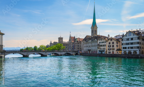 Panoramic view of the historical center of Zurich with the famous Fraumunster church on a sunny day with blue sky, canton of Zurich, Switzerland © lesia