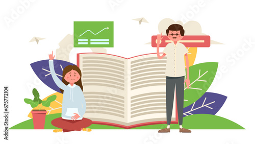 Two person are standing in front of huge open book illustration background
