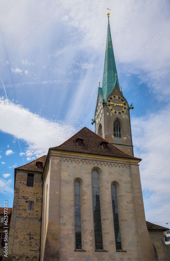 Fraumunster church on a sunny day with blue sky, canton of Zurich, Switzerland. A walk through the city on a sunny day