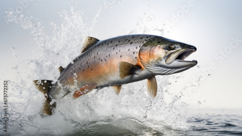 salmon fish jump on the white background photo