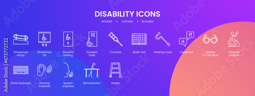 Disability icon collection with black outline style. disability, disabled, collection, accessibility, people, care, handicap. Vector Illustration