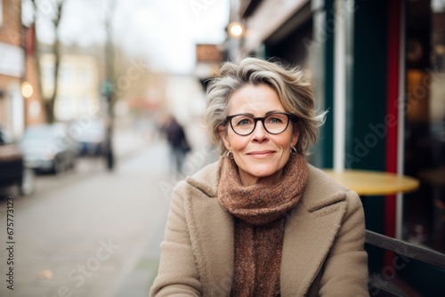 Beautiful middle-aged woman with short hair and eyeglasses in the city.