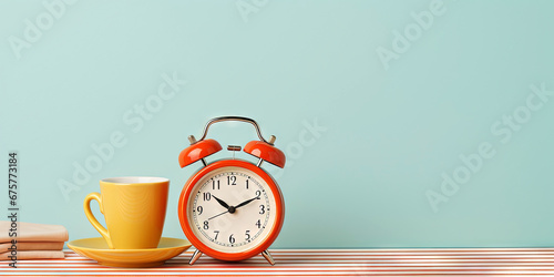 Vintage alarm clock and cup of hot coffee on the uniform pastel backdrop with a copy space. Generative AI