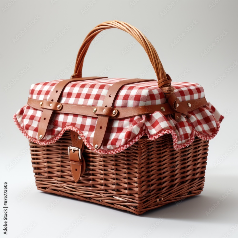 A wicker basket with a red and white checkered cloth