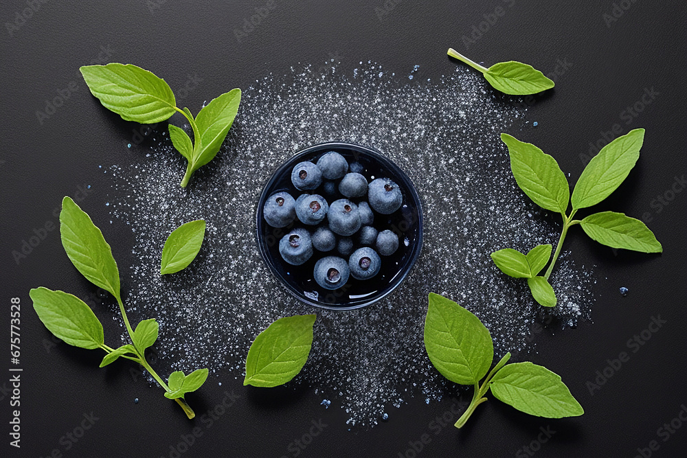 Blueberries with green stevia leaves on a black background. Blueberries with green stevia leaves on a black background.