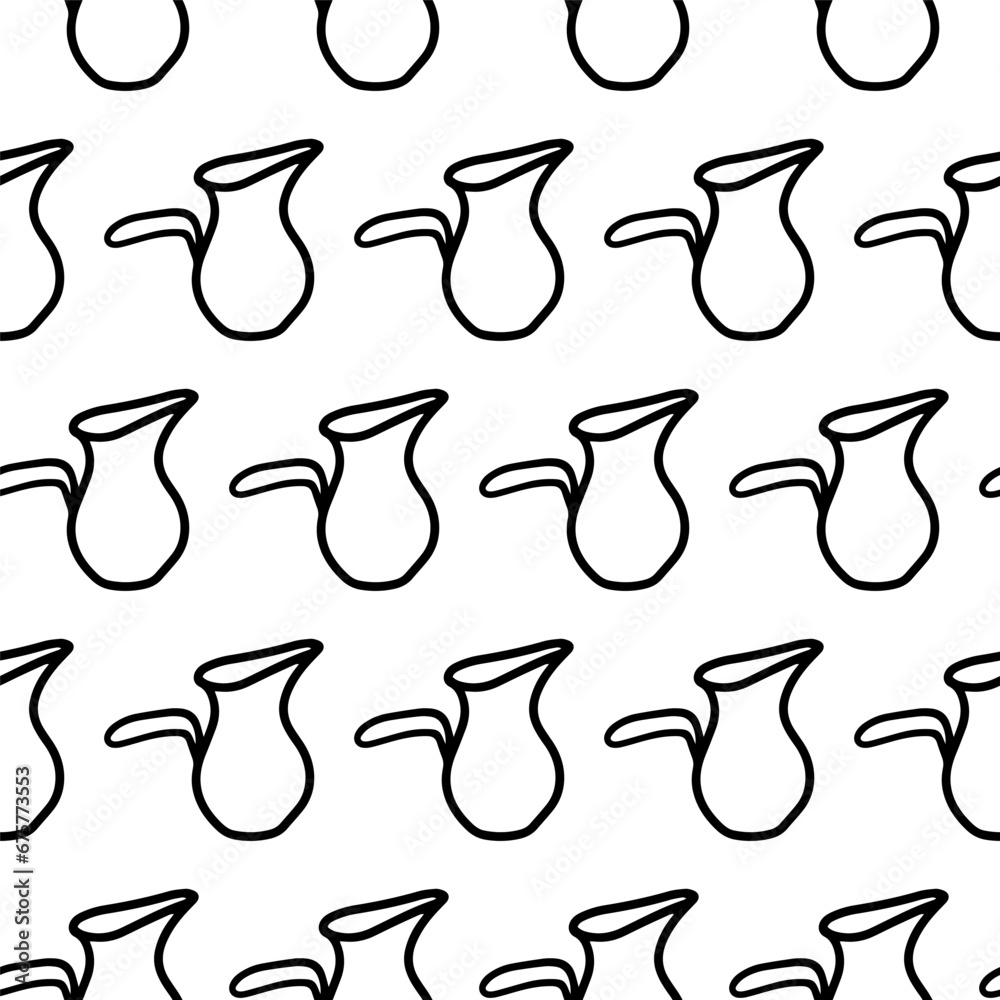 Jug seamless pattern. Doodle pattern with Jug icon isolated on white background. Jug wrapper and wallpaper for caffe or restaurant decoration menu. Hand drawn pitcher milk outline ink style, coloring Jug seamless pattern. Doodle pattern with Jug icon isolated on white background. Jug wrapper and wallpaper for caffe or restaurant decoration menu. Hand drawn pitcher milk outline ink style, coloring
