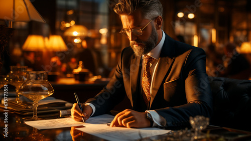 Hombre de negocios en su escritorio. Primer plano, profundidad de campo, luz práctica.