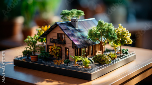 Primer plano de un edificio nuevo con paneles solares en el tejado. Energía sostenible y limpia en casa. © Eva