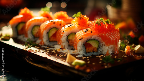Detalle del primer plano. Luz suave desde el lateral para resaltar los detalles y las texturas del sushi. Enfoque meticuloso de los rollos de sushi, captando los granos de arroz y los ingredientes fre