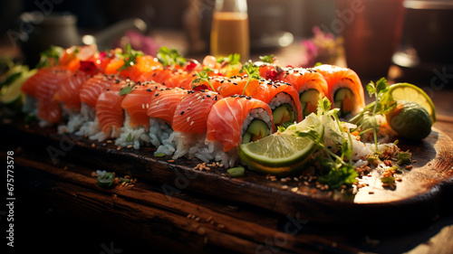 Detalle del primer plano. Luz suave desde el lateral para resaltar los detalles y las texturas del sushi. Enfoque meticuloso de los rollos de sushi, captando los granos de arroz y los ingredientes fre photo