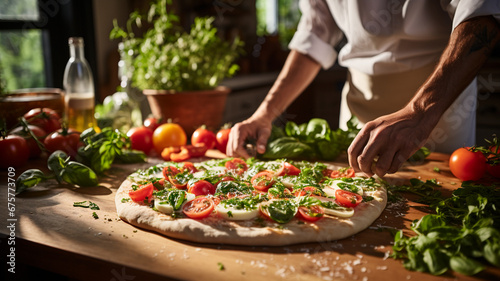 Fotografía que capta a un experto cocinero en el proceso de preparación de los ingredientes para una pizza.