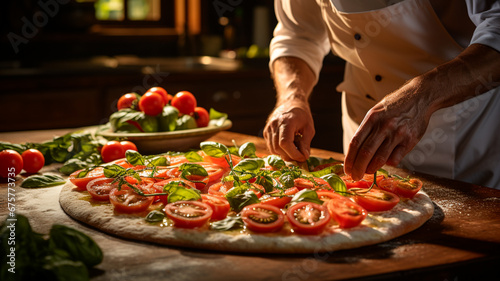 Fotografía que capta a un experto cocinero en el proceso de preparación de los ingredientes para una pizza. photo