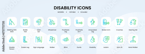 Disability icon collection with blue and green gradient outline style. disability, disabled, collection, accessibility, people, care, handicap. Vector Illustration
