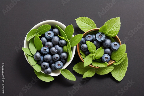 Blueberries with green stevia leaves on a black background. photo