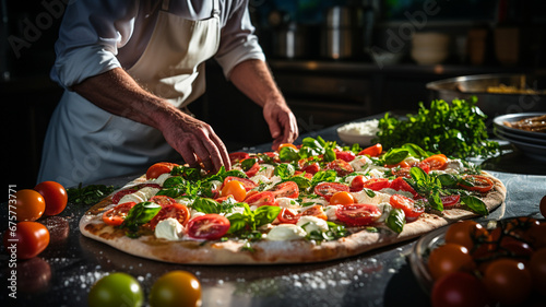 Fotografía que capta a un experto cocinero en el proceso de preparación de los ingredientes para una pizza.