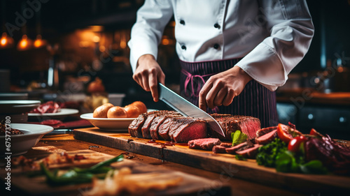 Fotografía en la que aparece un experto chef, vestido con uniforme de cocinero profesional, cortando meticulosamente carne sobre una tabla de cortar de madera. photo