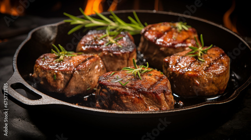 fillet mignon beef medallions in a cast iron skillet