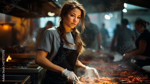 Fotografía en la que aparece una experta cocinera, vestida con uniforme de chef profesional, de pie en una cocina industrial. photo