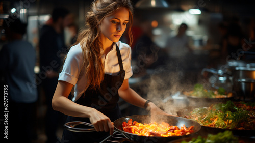 Fotografía en la que aparece una experta cocinera, vestida con uniforme de chef profesional, de pie en una cocina industrial.