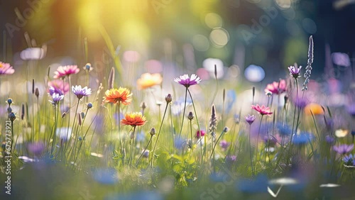 A tranquil sunlit meadow, adorned with vibrant, blooming wildflowers, creates a dreamy atmosphere as butterflies gracefully flutter by in the blurred background