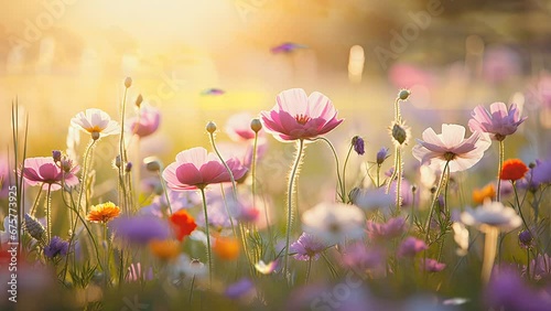 A tranquil sunlit meadow, alive with vibrant wildflowers, creates a mesmerizing, dreamy atmosphere, enchanted by fluttering butterflies