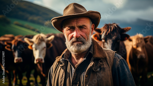 Fotografía de un granjero curtido y trabajador, de pie en medio de un extenso campo, rodeado de vacas satisfechas que pastan a lo lejos.