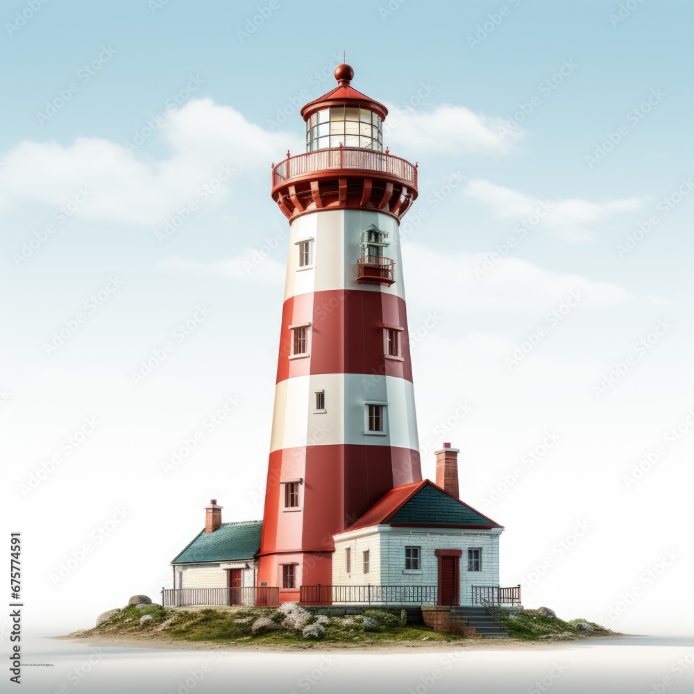 A red and white lighthouse sitting on top of a small island