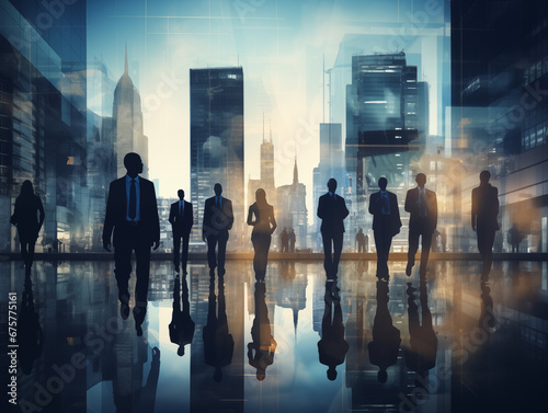 Business Leadership Team Double Exposure with Big City Life Illustration
