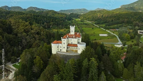 Trakoscan Castle With Lush Nature Surroundings In Lepoglava, Croatia. Aerial Drone Shot photo