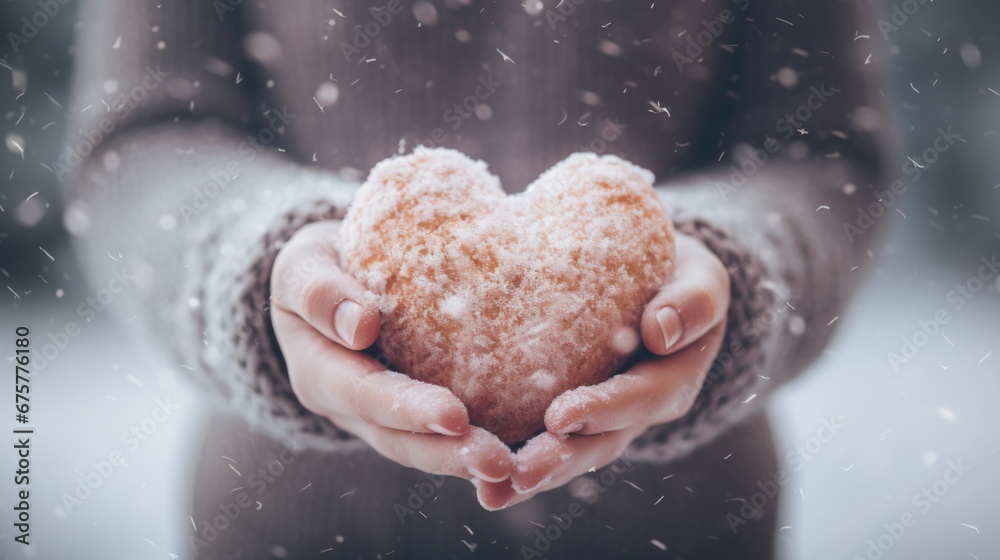 Fototapeta premium A person holding a heart shaped doughnut in their hands
