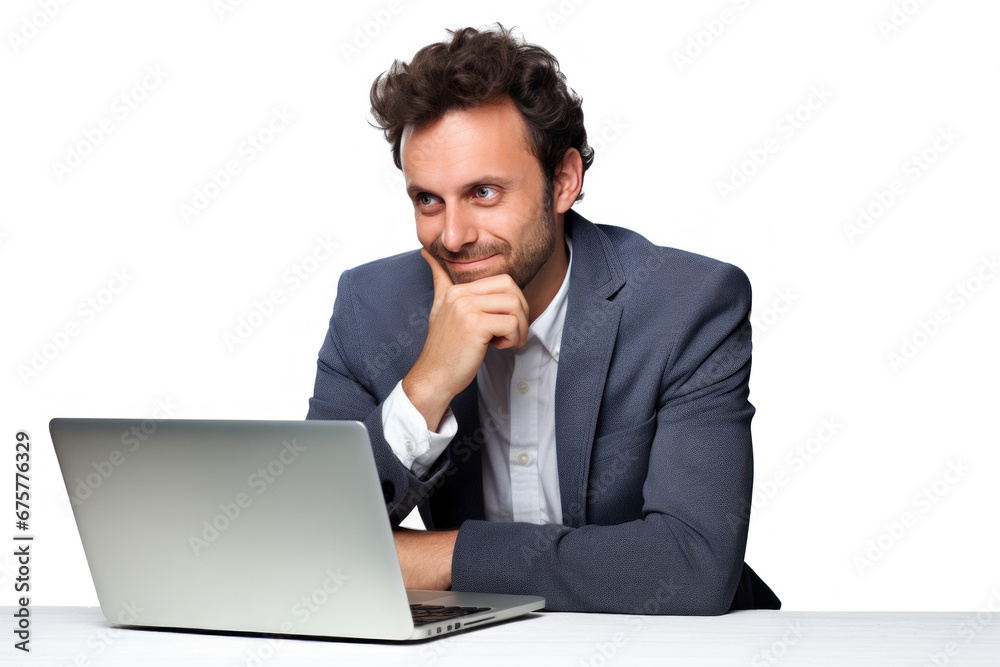 A happy businessman in the office sits and works on a computer or laptop on a white background. A happy businessman in the office sits and works on a computer or laptop on a white background.
