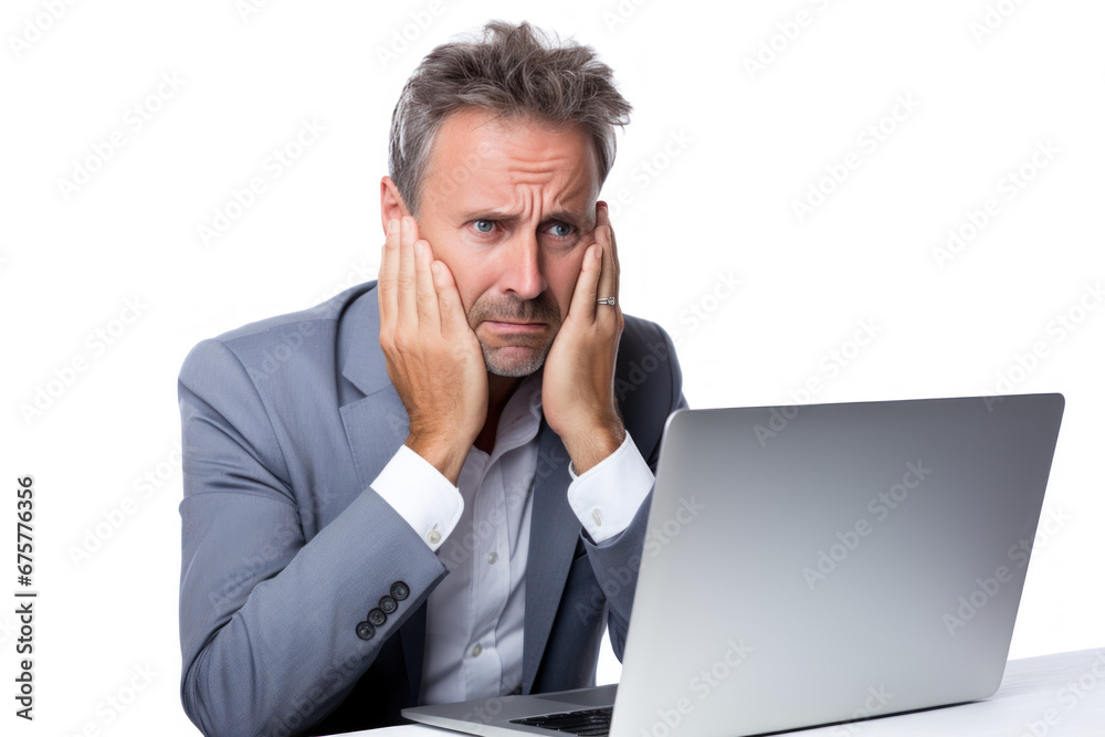 Male businessman sits stressed and has a headache In the workplace, sitting and working on a computer or laptop on a white background. Male businessman sits stressed and has a headache In the workplace, sitting and working on a computer or laptop on a white background.