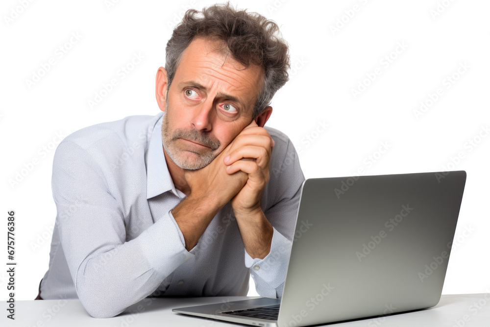 Male businessman sits stressed and has a headache In the workplace, sitting and working on a computer or laptop on a white background. Male businessman sits stressed and has a headache In the workplace, sitting and working on a computer or laptop on a white background.