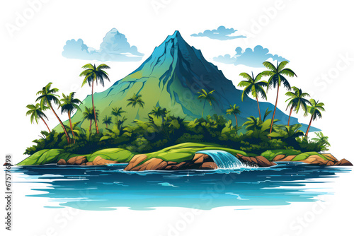 island with palms and mountain, isolated on transparent background, png file