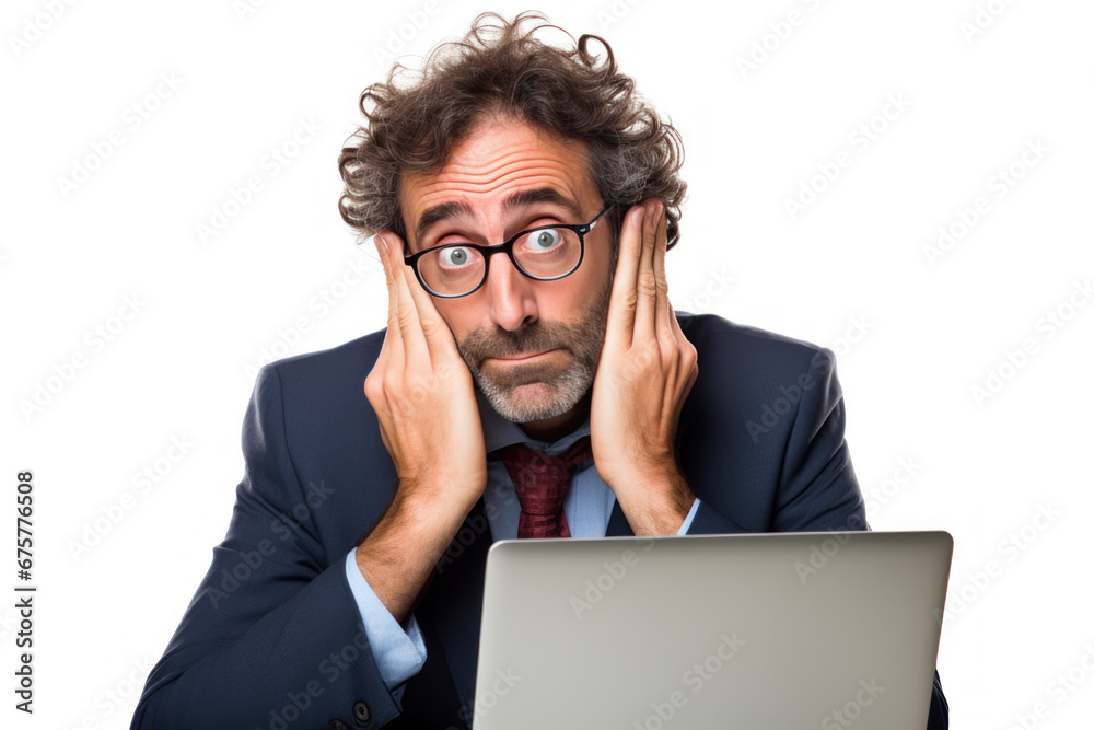 Male businessman sits stressed and has a headache In the workplace, sitting and working on a computer or laptop on a white background. Male businessman sits stressed and has a headache In the workplace, sitting and working on a computer or laptop on a white background.