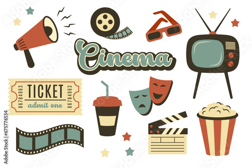 Set of old retro cinema equipment with various cinematographic elements. Doodle hand drawn cinema objects isolated. Loudspeaker, popcorn, clapper, ticket, glasses, TV, masks. Vector flat illustration