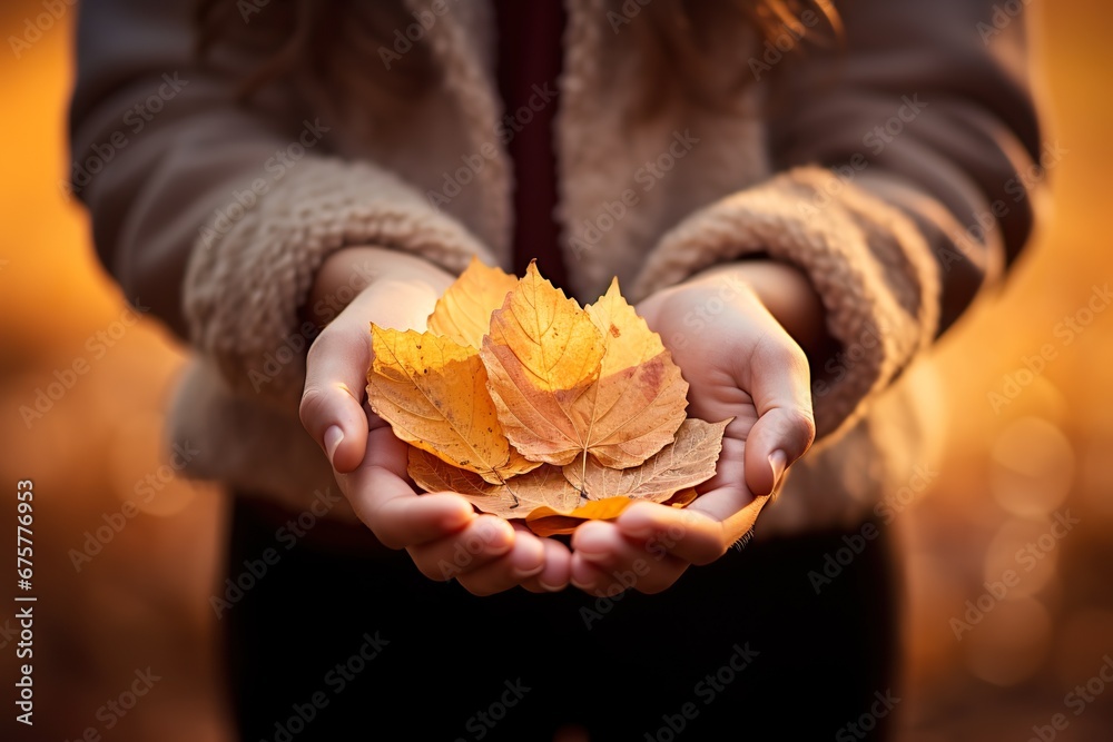 A person gently cradles a vibrant orange and yellow maple leaf, basking in the soft, warm sunlight A person gently cradles a vibrant orange and yellow maple leaf, basking in the soft, warm sunlight