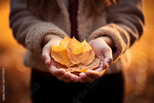 A person gently cradles a vibrant orange and yellow maple leaf, basking in the soft, warm sunlight