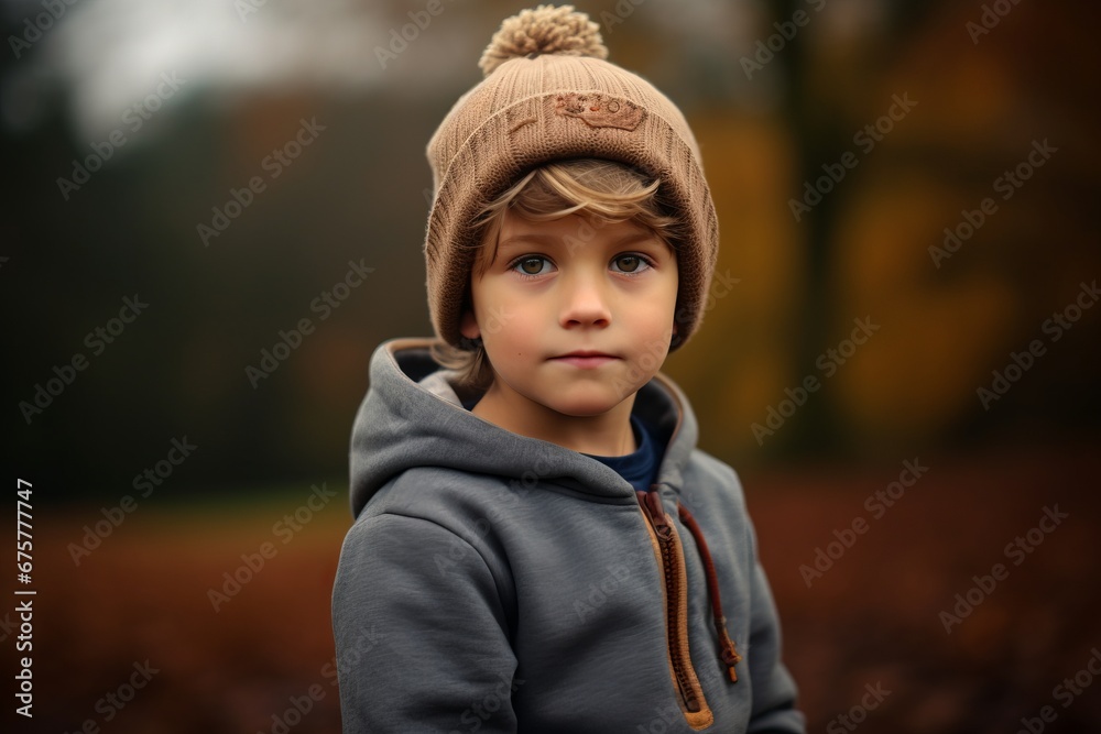 Portrait of a little boy in a knitted hat in the autumn forest.