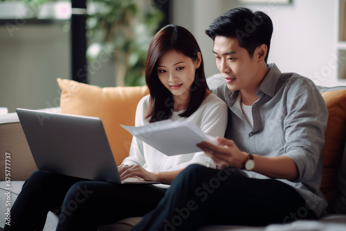 Asian couple managing finances together on a laptop in a bright, modern living space, reflecting partnership and collaboration.
