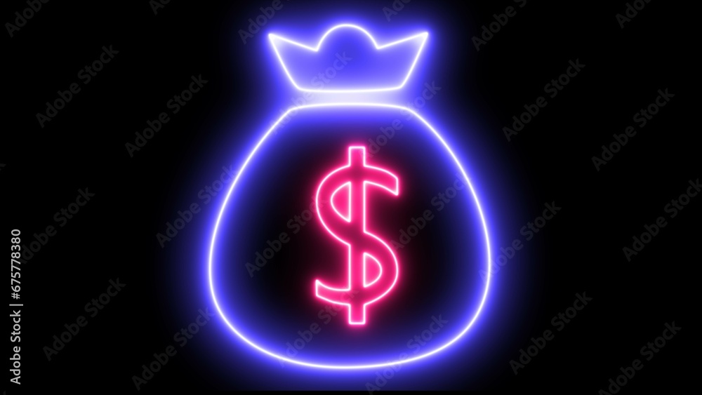 Neon money bag icon. Neon light bags money. Brilliant advertising dollars. Neon money bag icon. Neon light bags money. Brilliant advertising dollars.