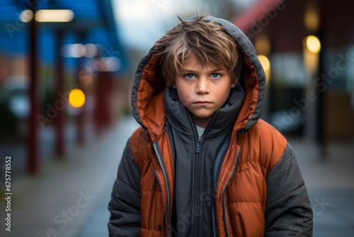 Portrait of a boy wearing a warm jacket in the city.