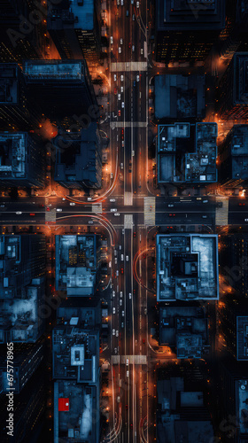 Aerial view of the city at night with cars on the road.