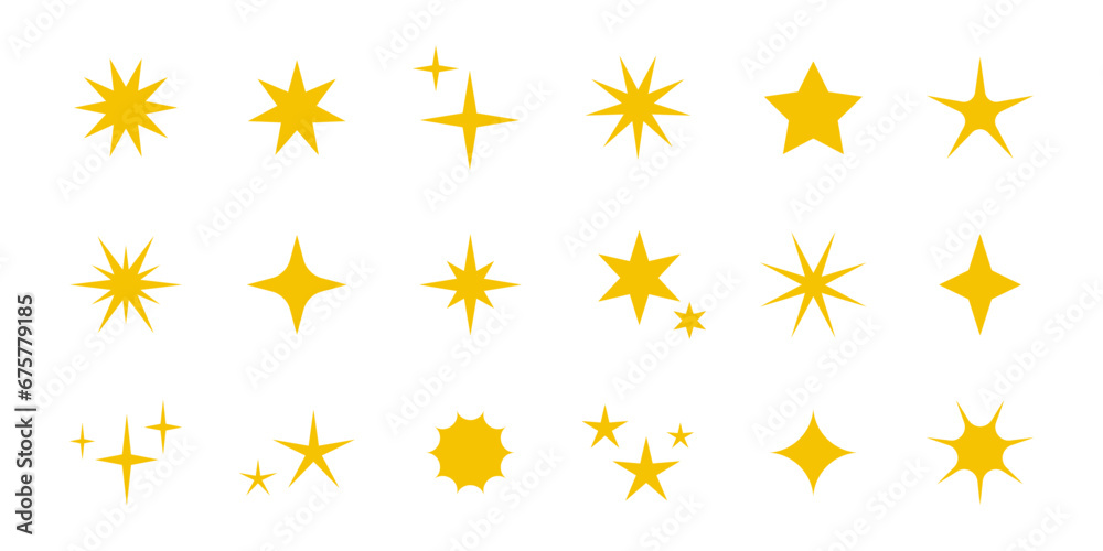 Vector yellow and gold stars sparkles icons. Collection of yellow star signs. Decoration twinkle, shiny flash. Gold glowing light stars and bursts isolated on white.