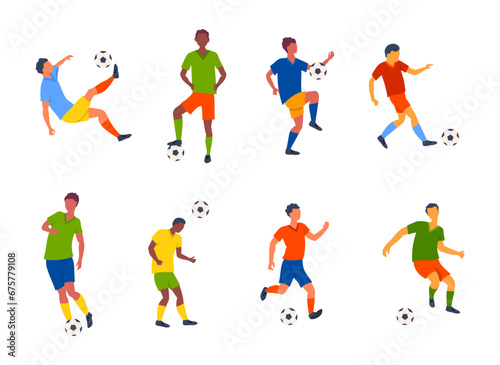 Cartoon Color Male Characters People Diverse Football Players Set Sport Soccer Concept Flat Design Style. Vector illustration of Athletes Kicking Ball