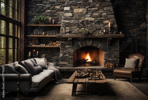 Cozy living room with a beautiful stone fireplace  located just beside a comfortable couch. Perfect for creating a warm and inviting atmosphere
